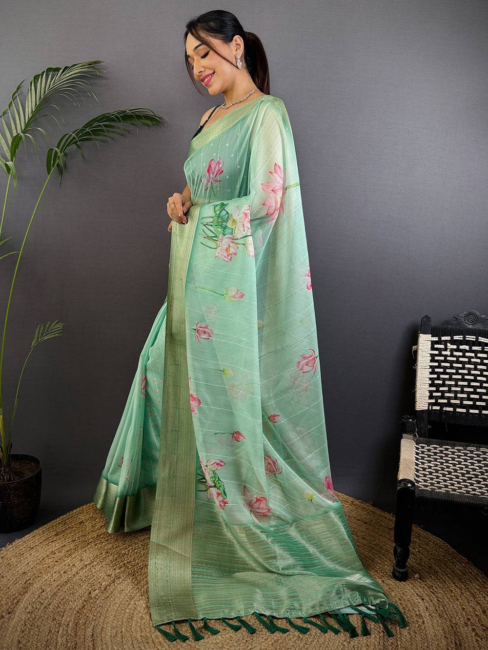 Mint Green Soft Organza Digital Print Saree