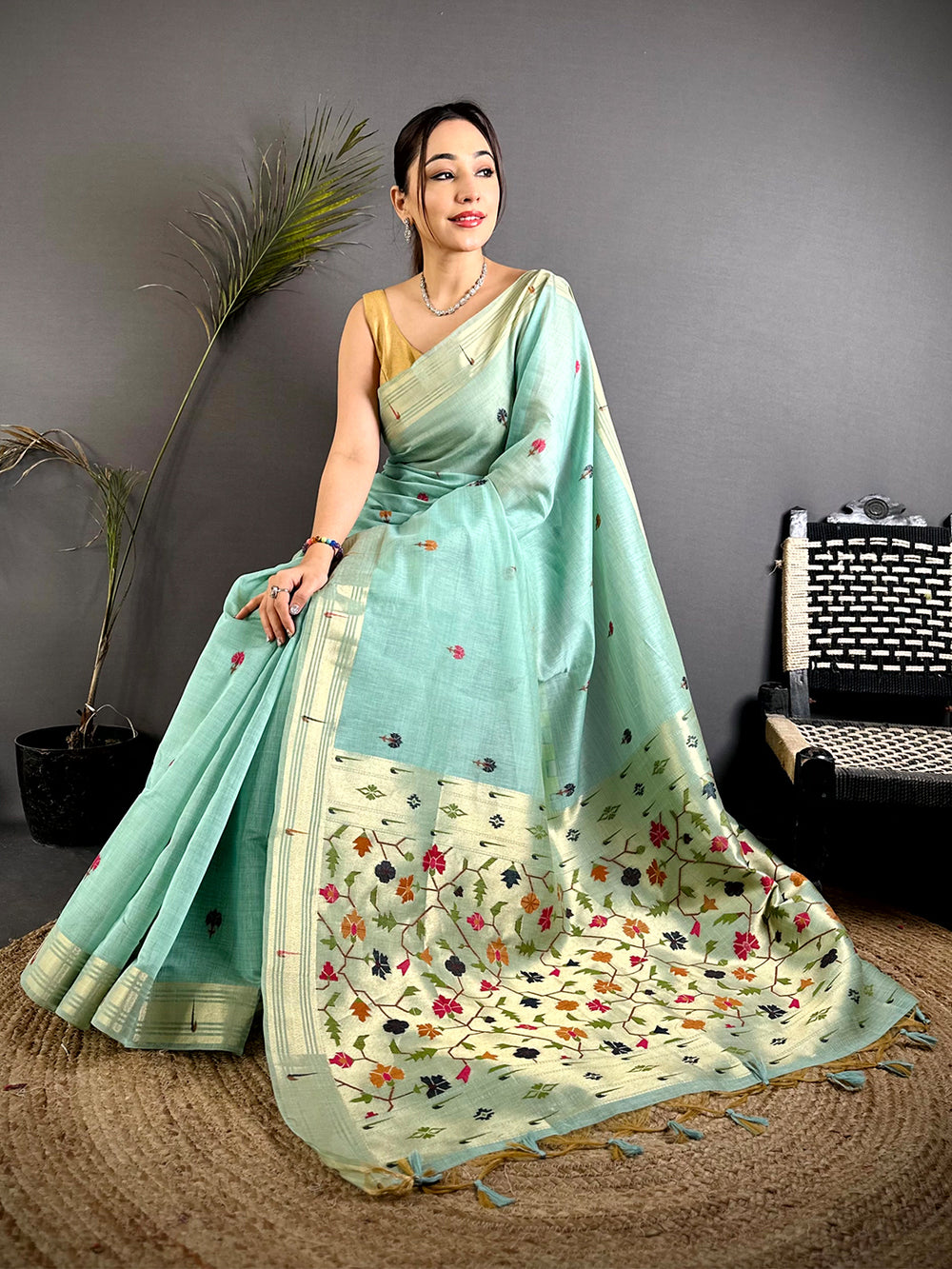 Sky Blue Geometric Patola Khadi Linen Saree