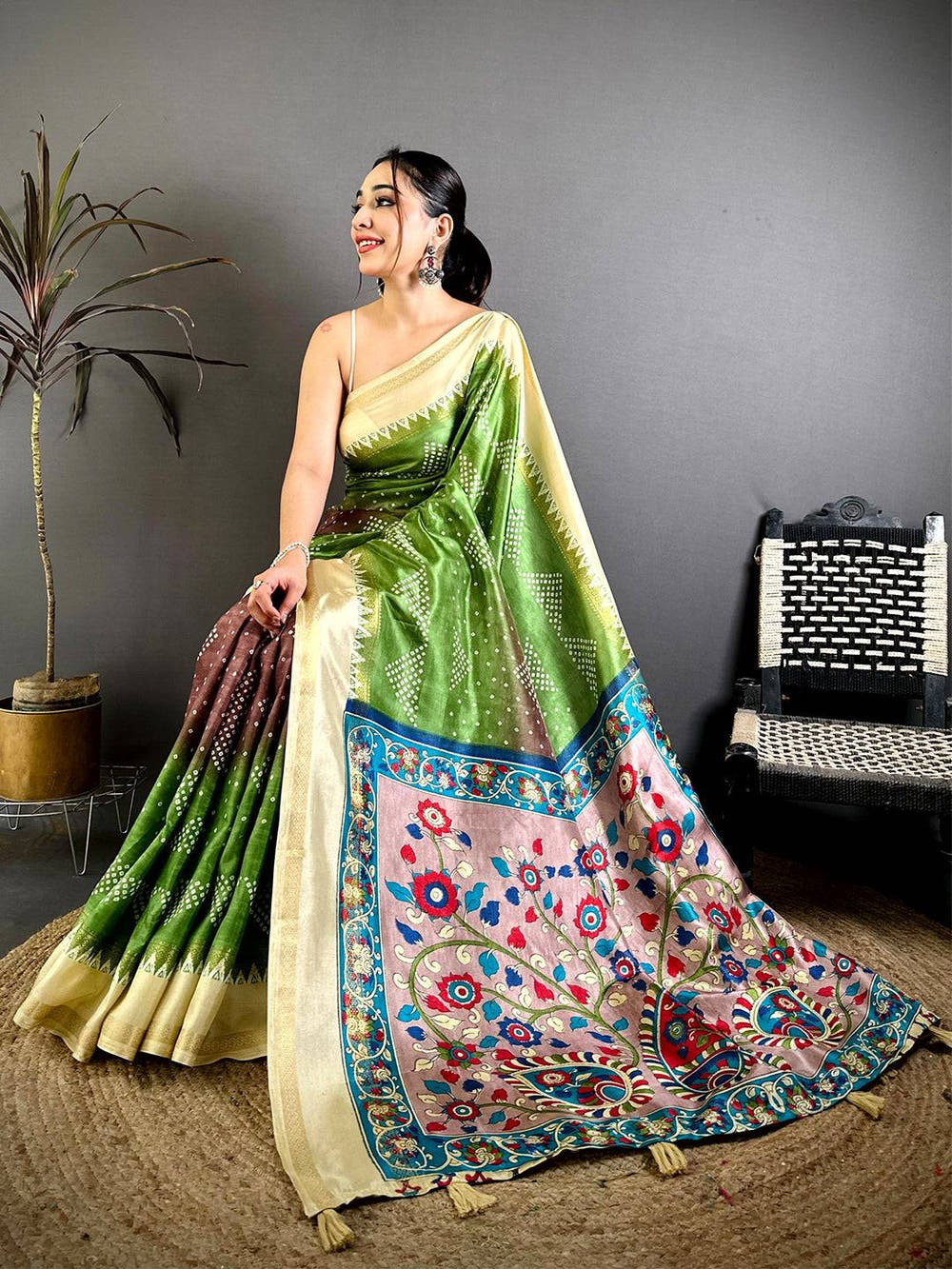 Radiant Kalamkari Pallu Bandhej Print Saree