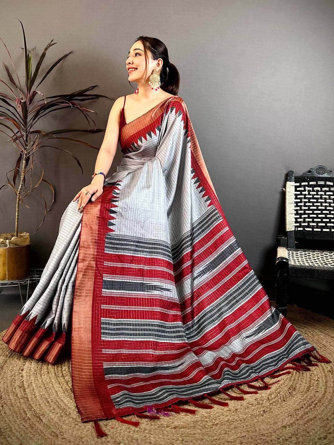 Elegant Black Zari Checks Designer Saree