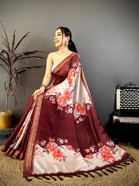 Maroon Soft Silk Floral Lehriya Print Saree