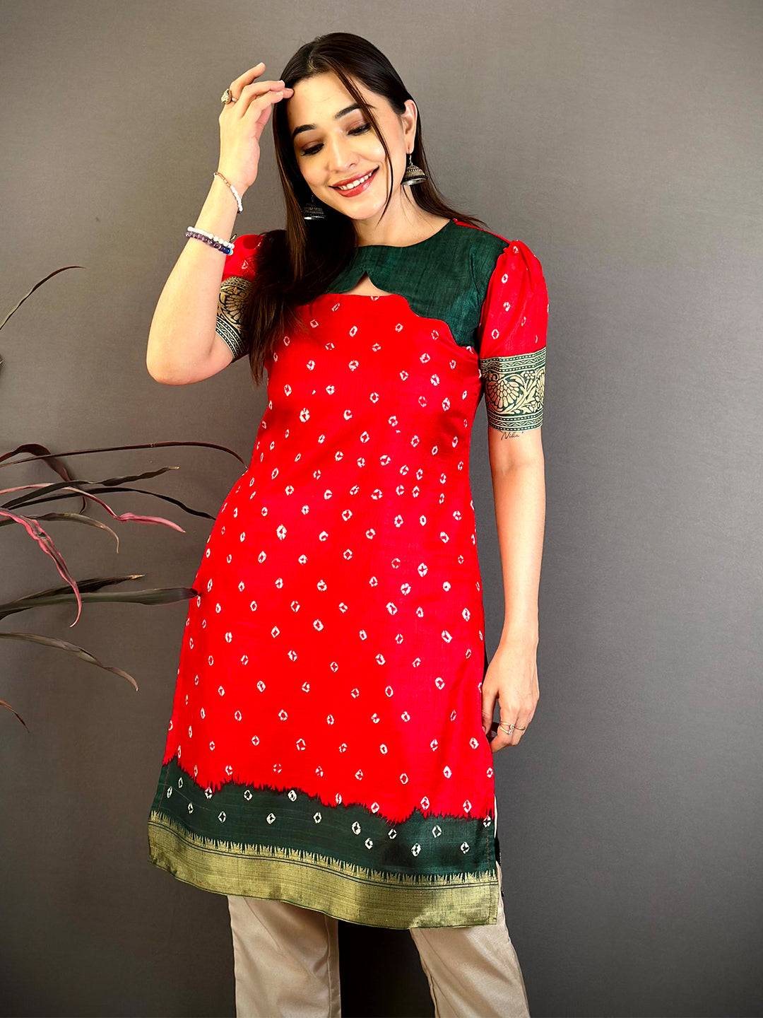 Red Soft Dola Silk Round Neck Kurti
