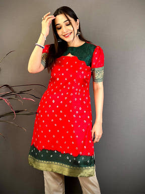 Red Soft Dola Silk Round Neck Kurti