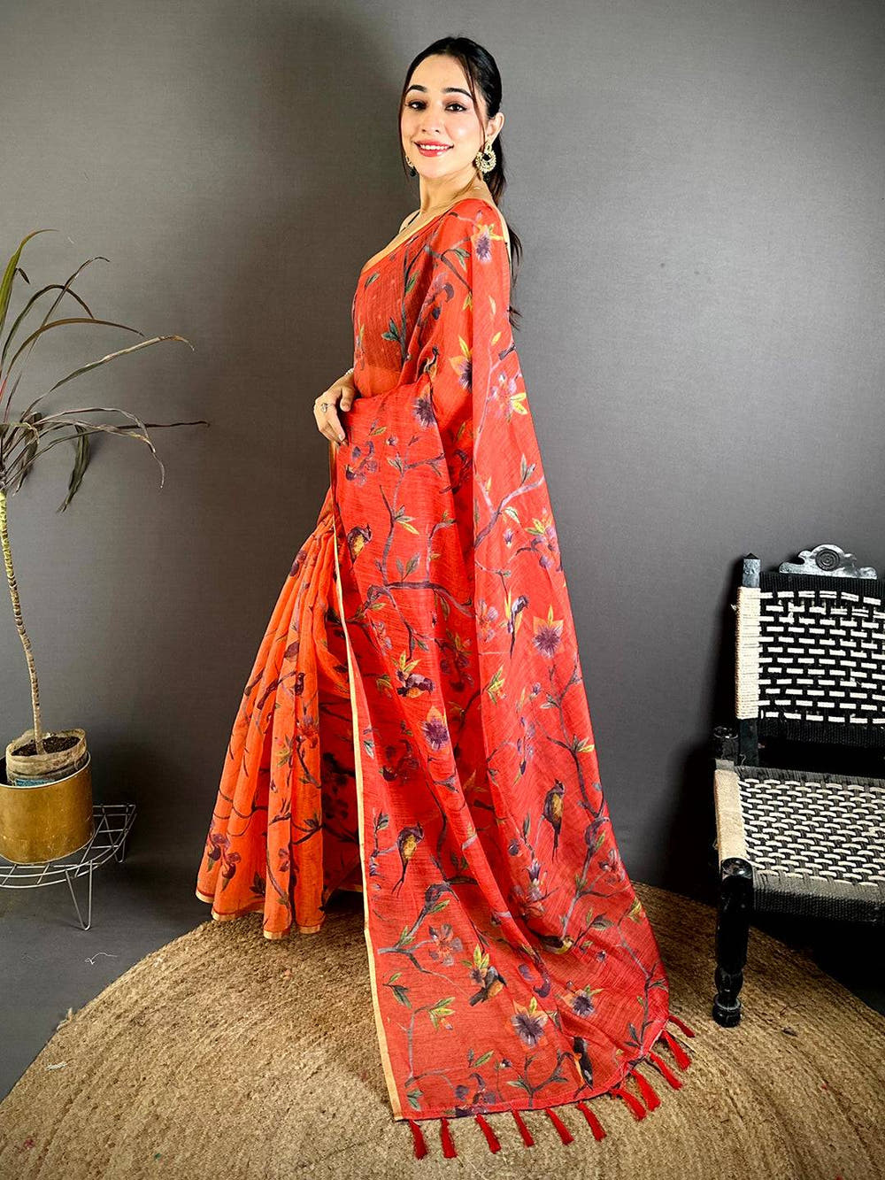 Designer Linen Chanderi Digital Bird Saree