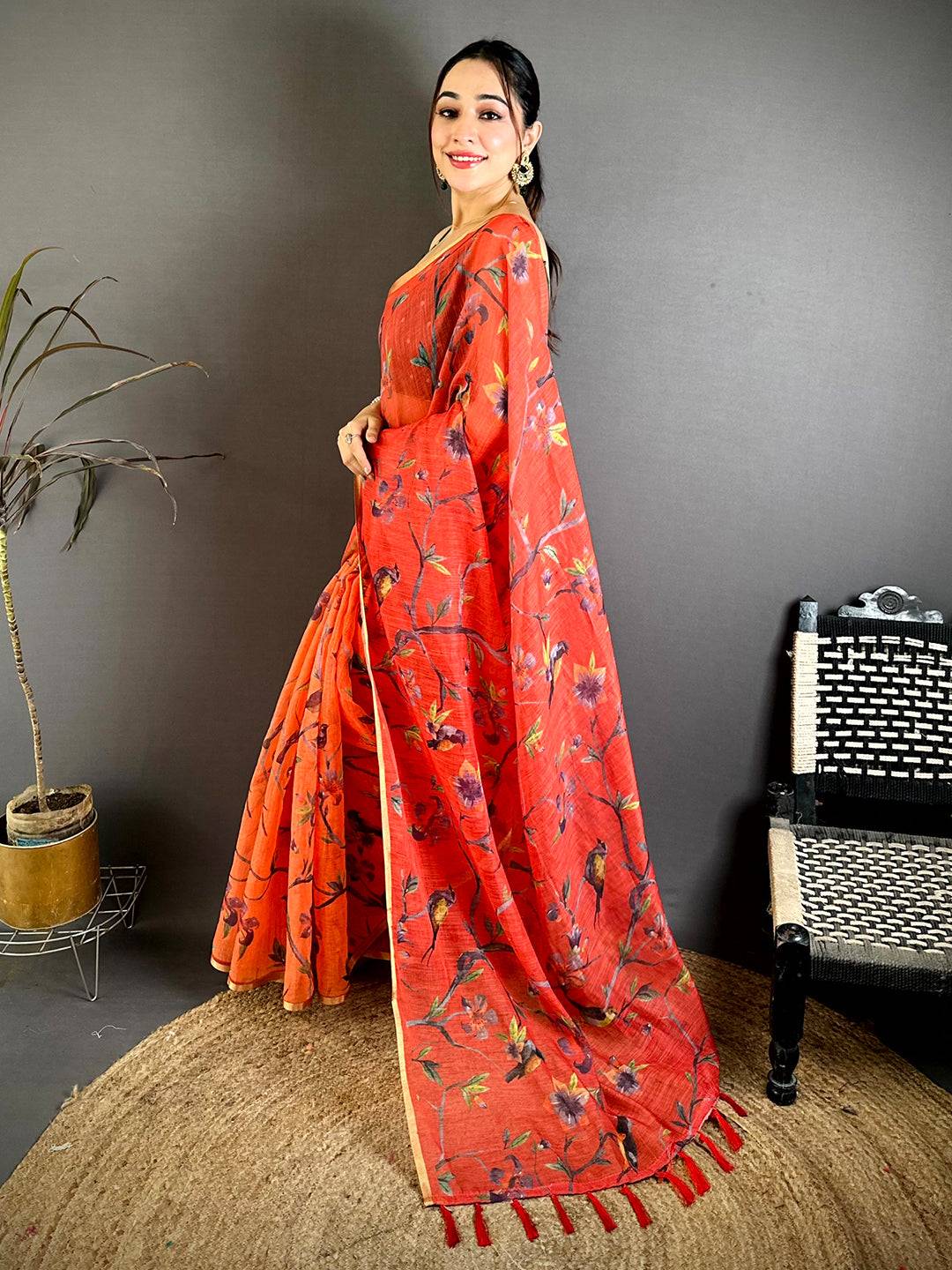 Designer Linen Chanderi Digital Bird Saree