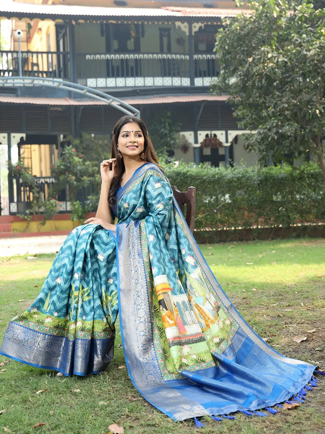  Blue Viscose Dola Silk Saree With Pichwai Kalamkari Print