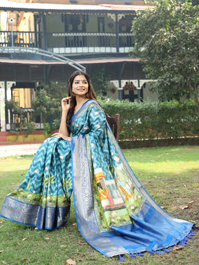  Blue Viscose Dola Silk Saree With Pichwai Kalamkari Print