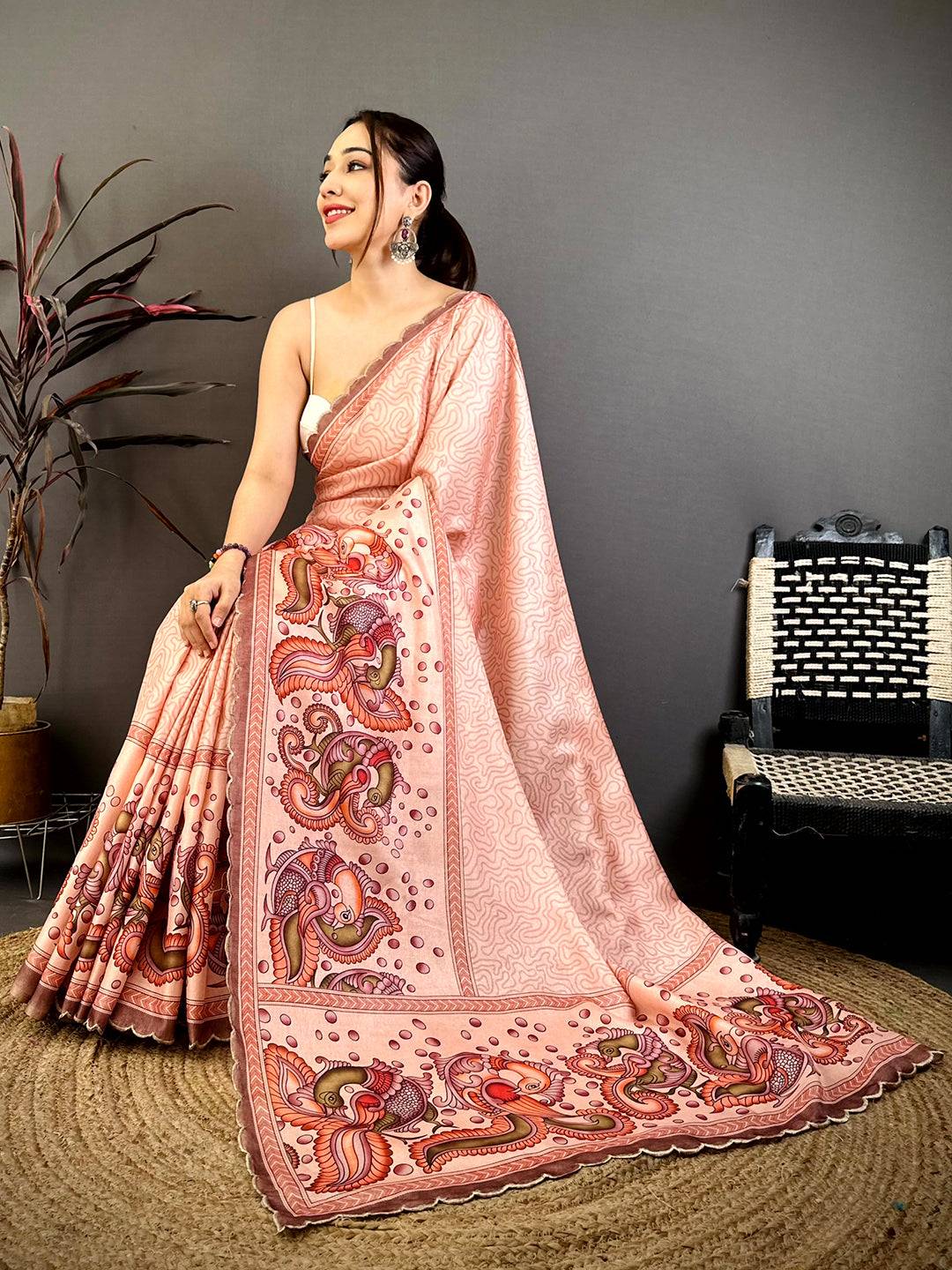 Peach Kalamkari Tussar Cutwork Saree