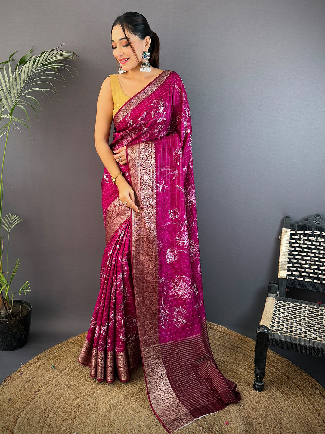 Magenta Floral Kalamkari Viscose Saree