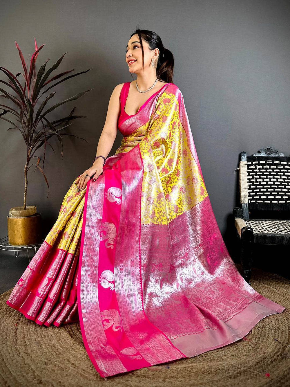 Mustard Dharmavaram Double Ikkat Saree