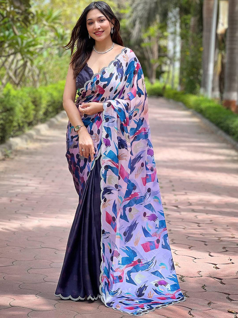 Stylish Navy Batik and Polka Dots Print Saree