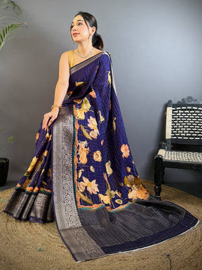 Elegant Navy Blue Viscose Kalamkari Saree