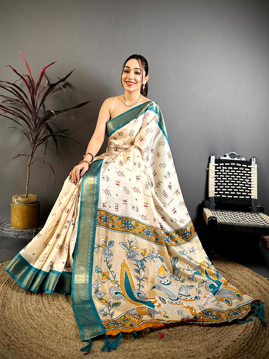 Rama Soft Dola Silk Warli Print Saree