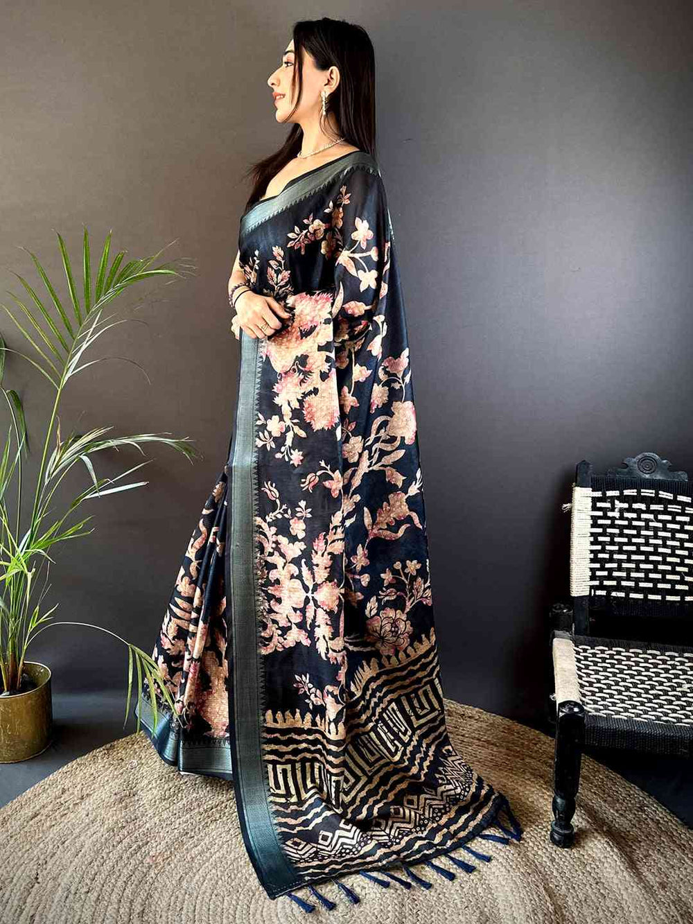 Black Kota Doriya Zari Weave Digital Print Saree