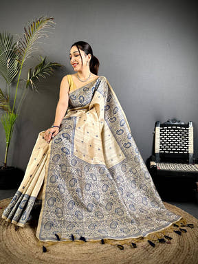 Blue Floral Katha Ghicha Silk Saree
