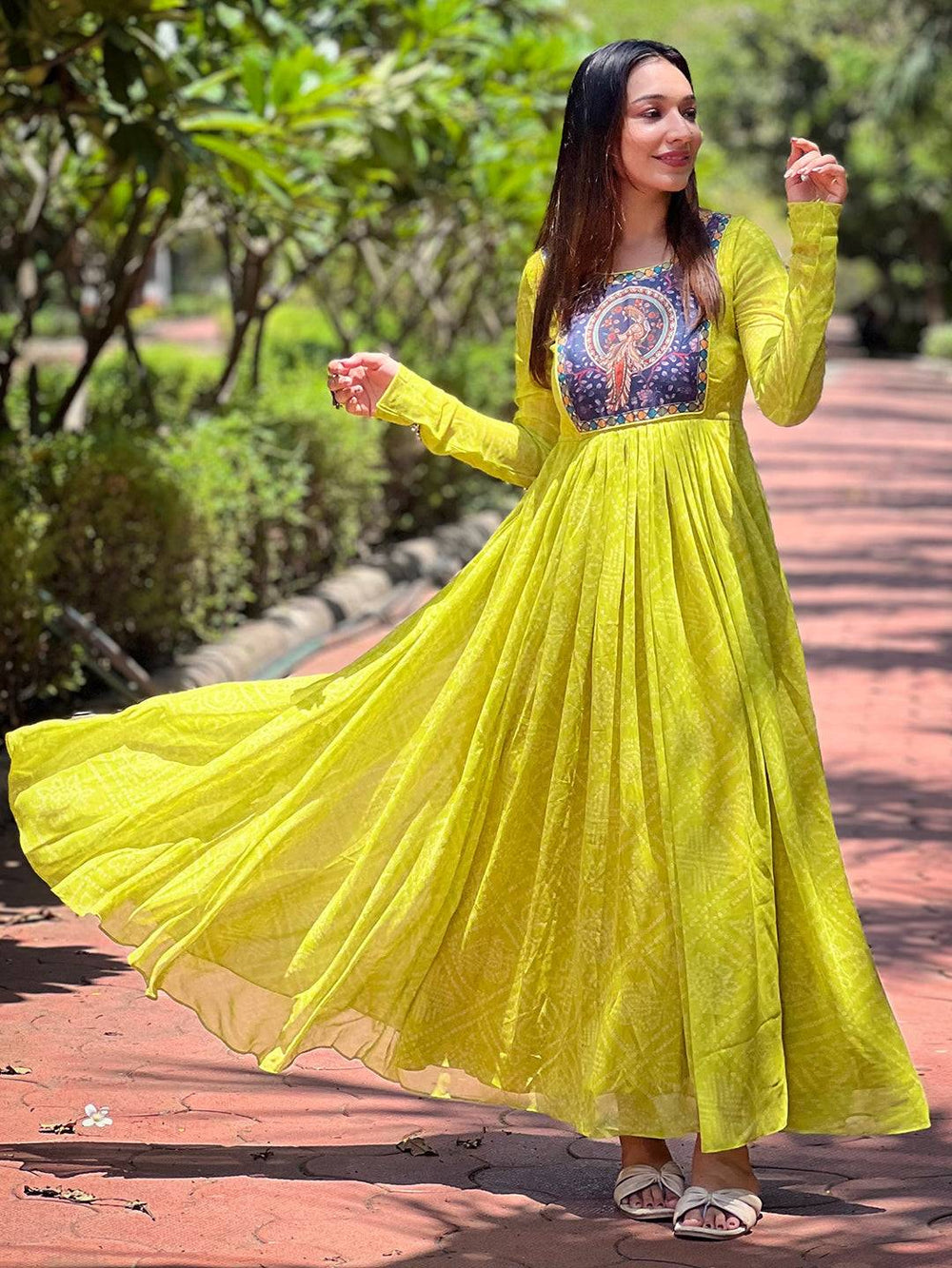 Pea Green Bandhej Dress with flowing design