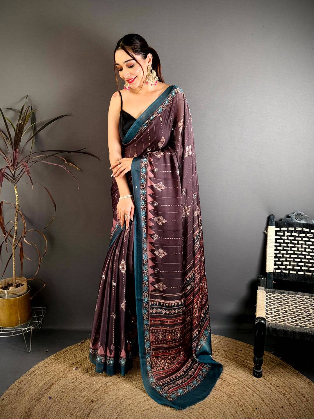 Coffee Brown Ajrakh Digital Printed Saree
