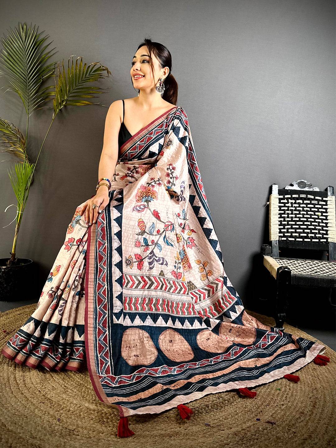 Stylish Ajrakh Kalamkari Tussar Saree


