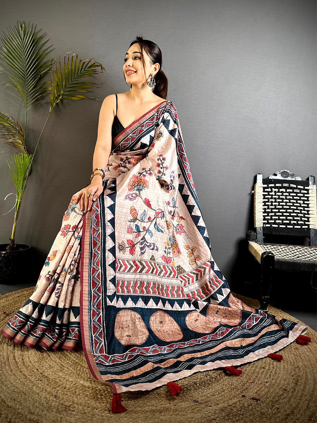 Stylish Ajrakh Kalamkari Tussar Saree


