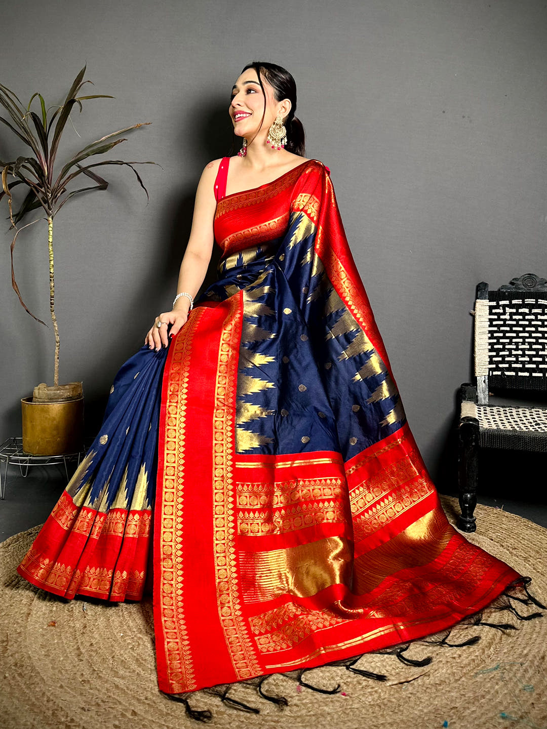 Navy Blue Rudraksha Temple Weave Katan Silk Saree