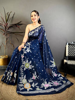 Classic Dark Shade Floral Katan Silk Saree
