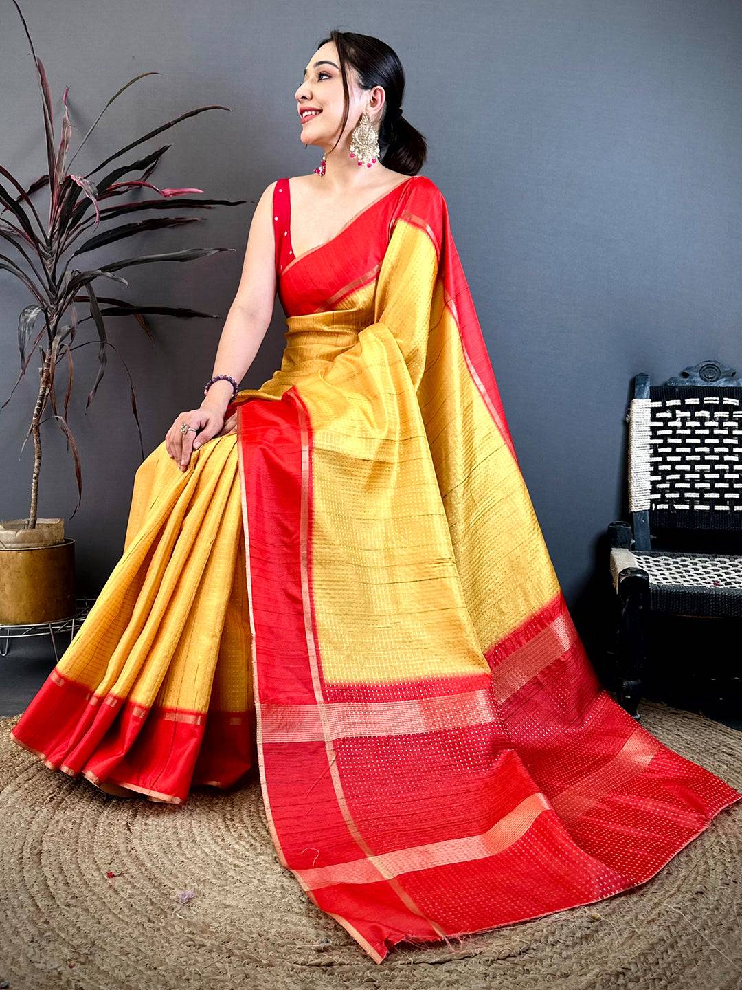 Golden Yellow Tussar Gold Zari 1000 Butti Saree