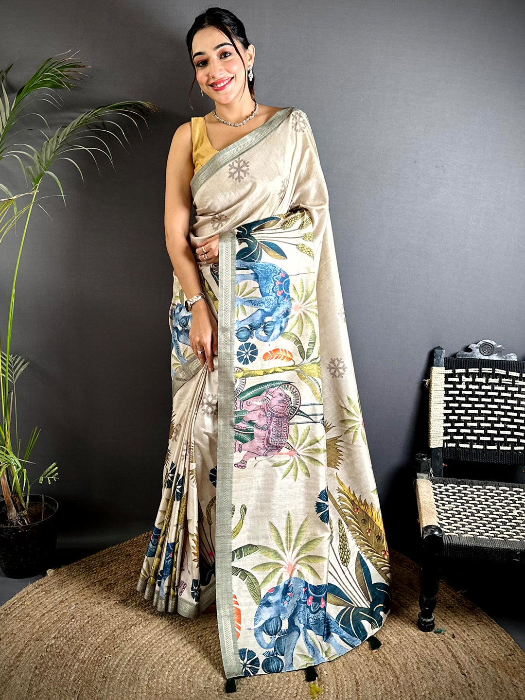 Beige Tussar Ghicha Pichwai Fusion Saree