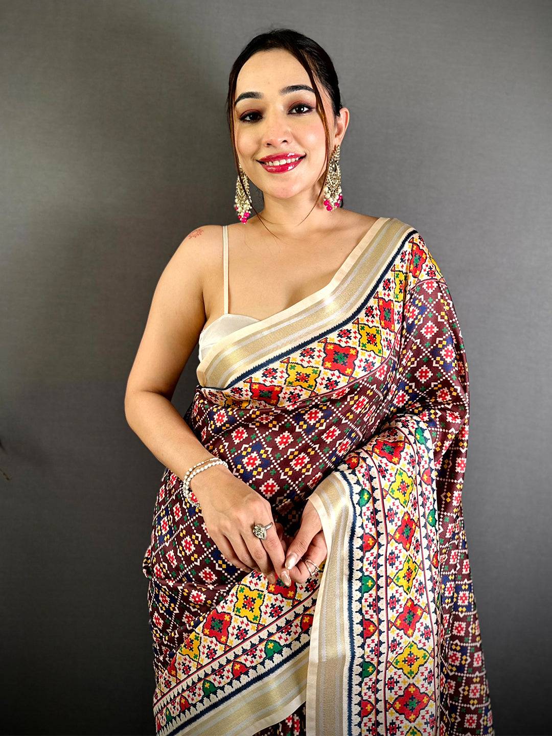 Maroon Ethnic Digital Ikkat Kanchi Saree