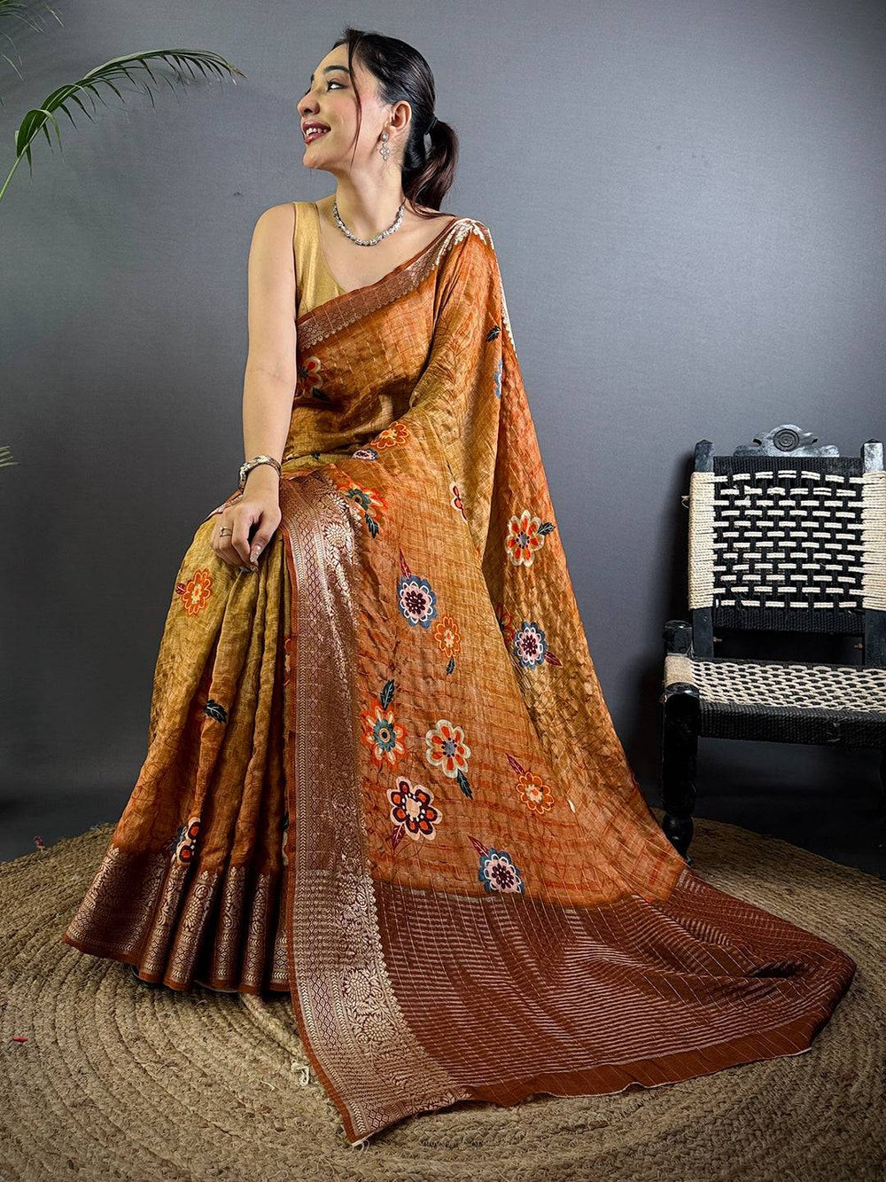Orange Floral Printed Viscose Saree