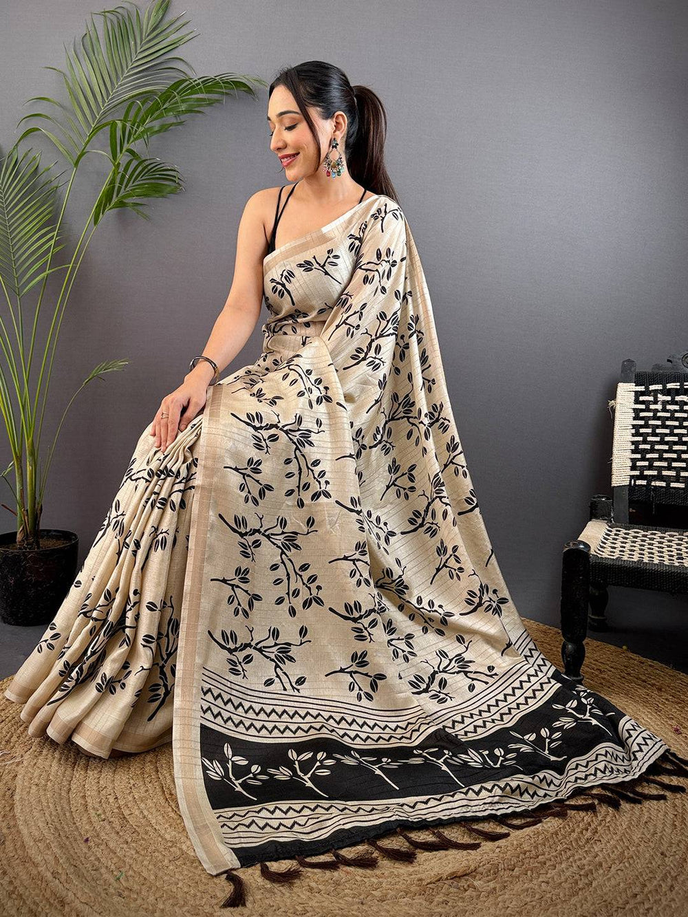 Cream Ghicha Leaf Print Saree
