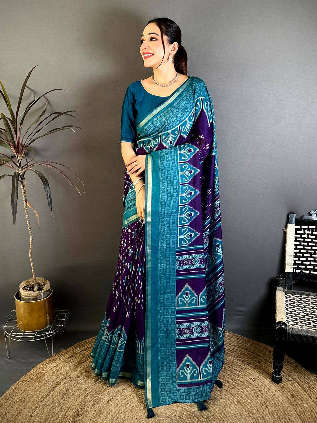 Purple Mul Cotton Ikkat Rudraksha Border Saree