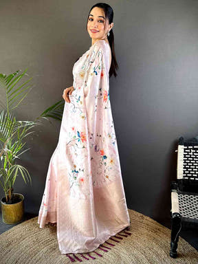 Baby Pink Floral Gold Zari Slub Silk Saree