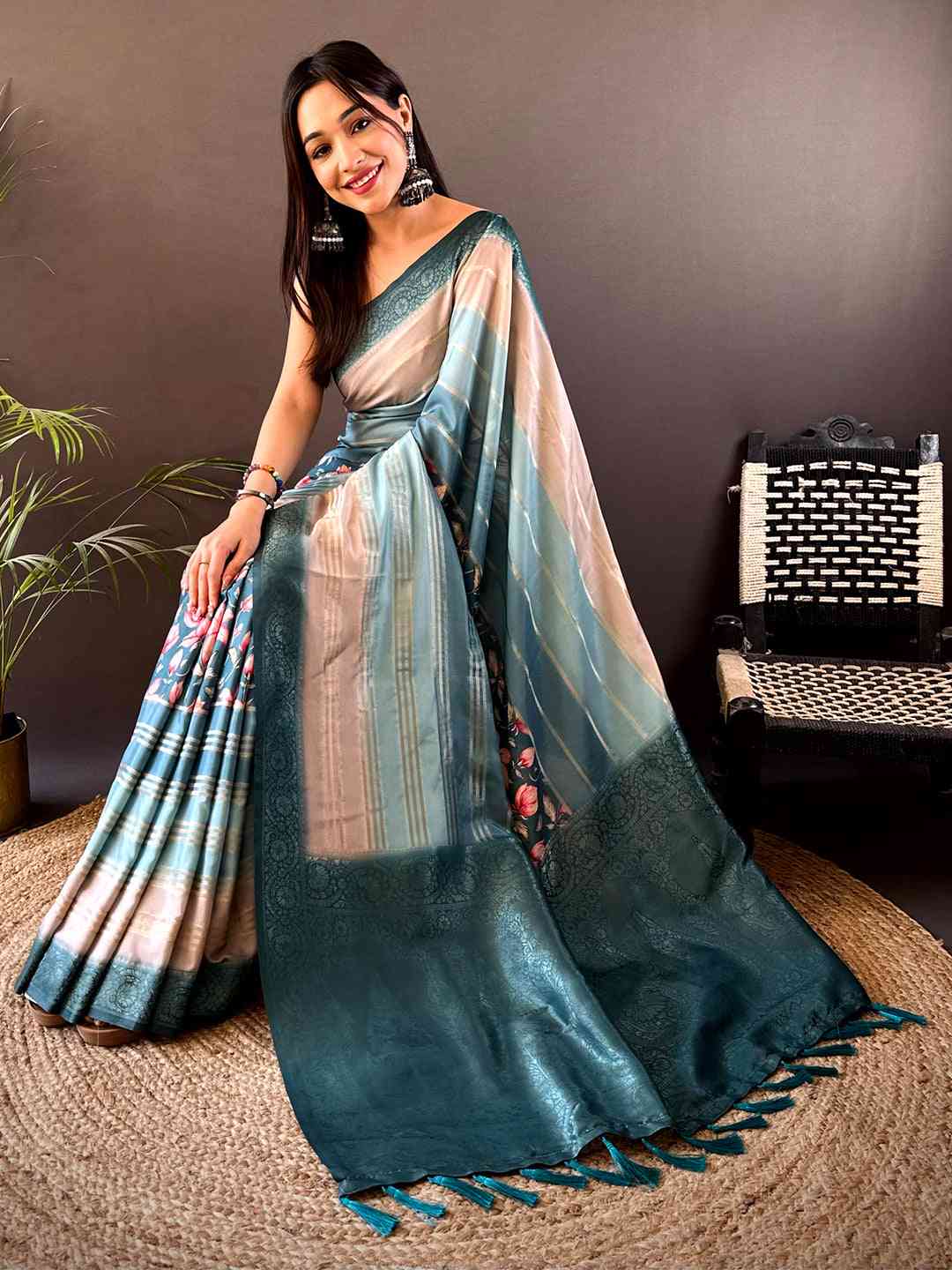 Teal Blue Crepe Silk Floral Saree