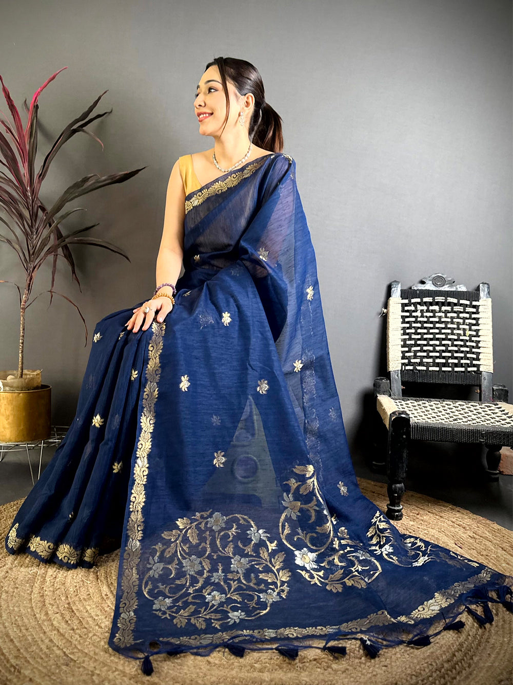 Navy Sona Chandi Muga Cotton Saree