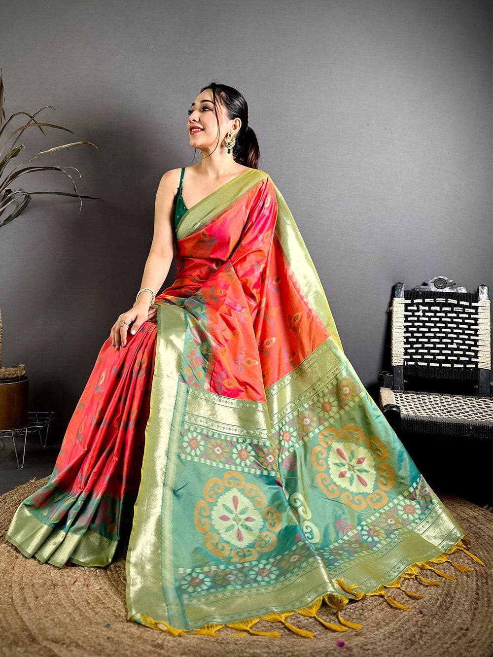 Coral Soft Silk Pochampally Ikkat Minakari Saree