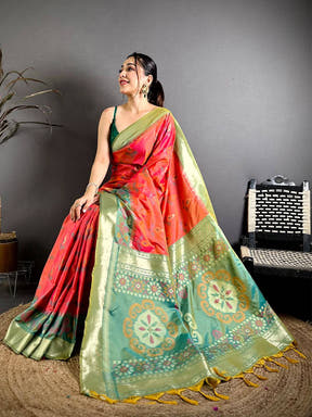 Coral Soft Silk Pochampally Ikkat Minakari Saree