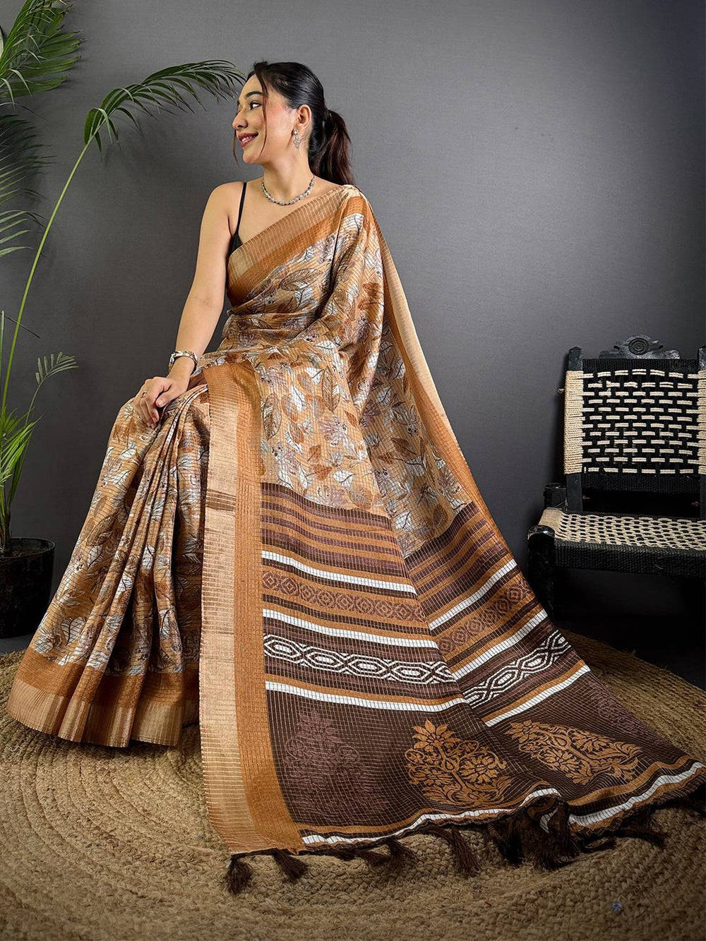 Camel Brown Tussar Chex Floral Print Saree

