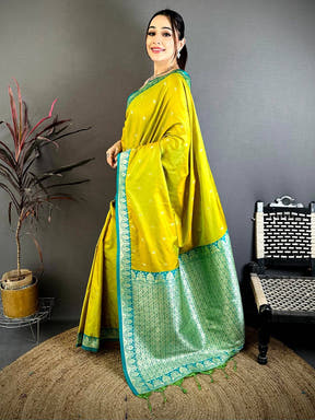 Lime Yellow Royal Gadwal Silk Saree
