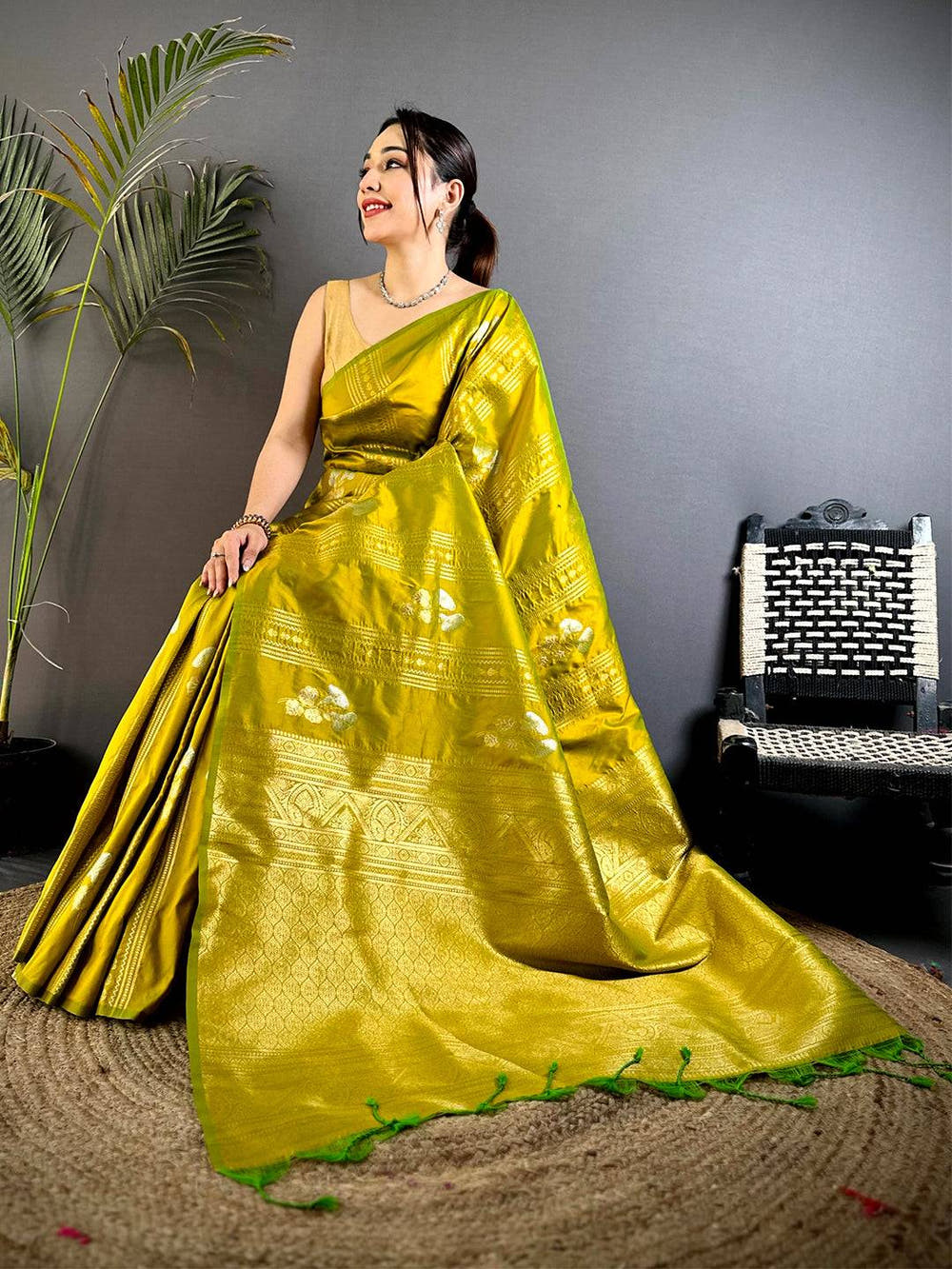 Olive Sona Chandi Striped Silk Saree