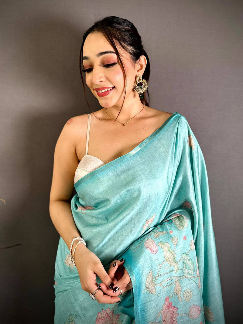 Elegant Tussar Lotus Ikkat Border Saree