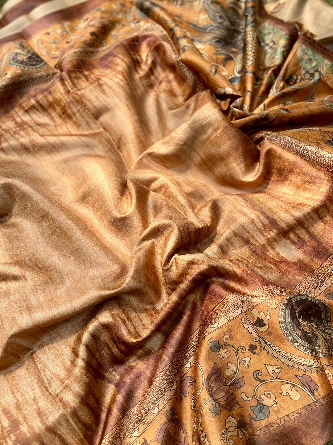 Gold Colour Tussar Silk Saree With Batik and Kalamkari Print Border