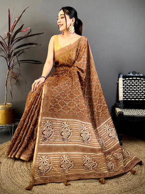 Coffee Brown Ajrakh Digital Print Kota Saree