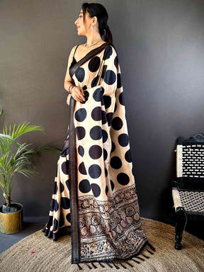 Cream Soft Silk Polka Dot Print Saree