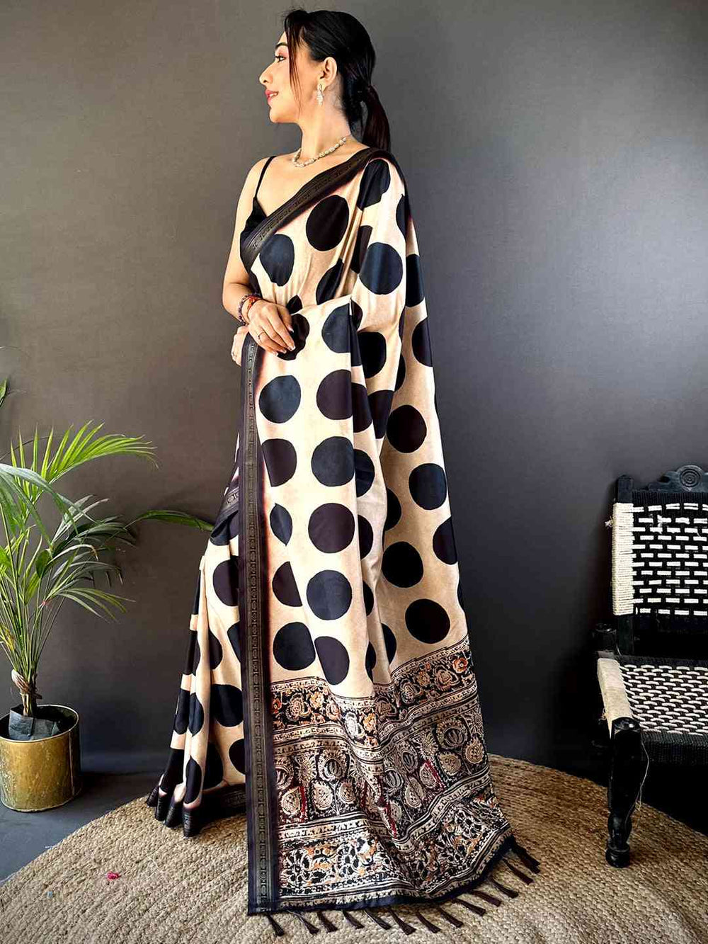 Cream Soft Silk Polka Dot Print Saree