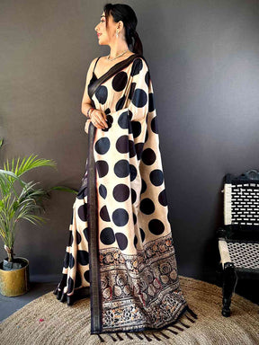 Cream Soft Silk Polka Dot Print Saree