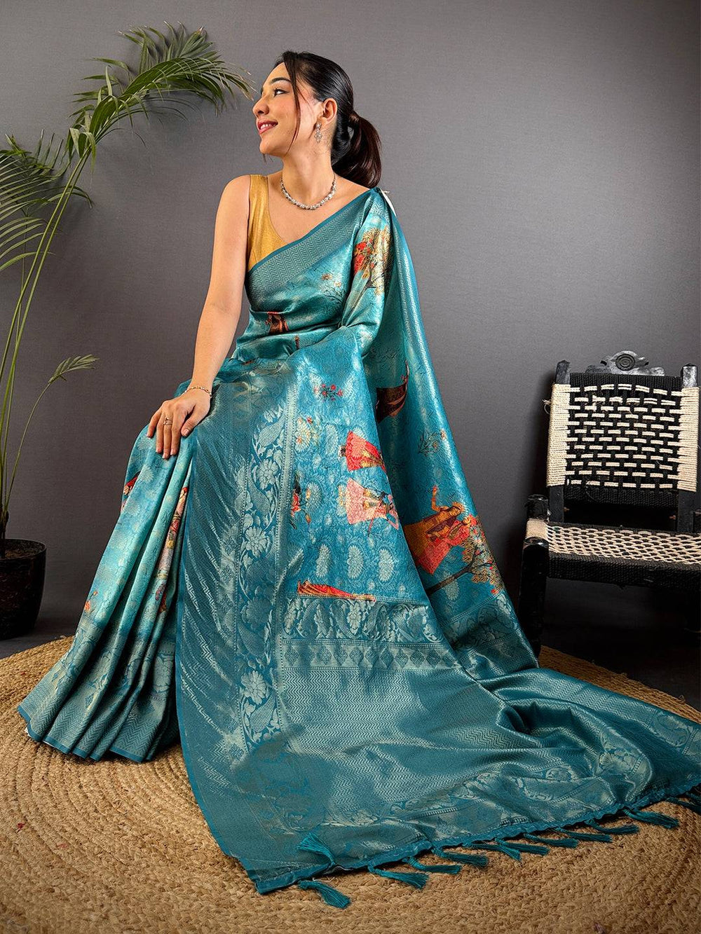 Dark Blue Kanjivaram Silk Digital Print Saree