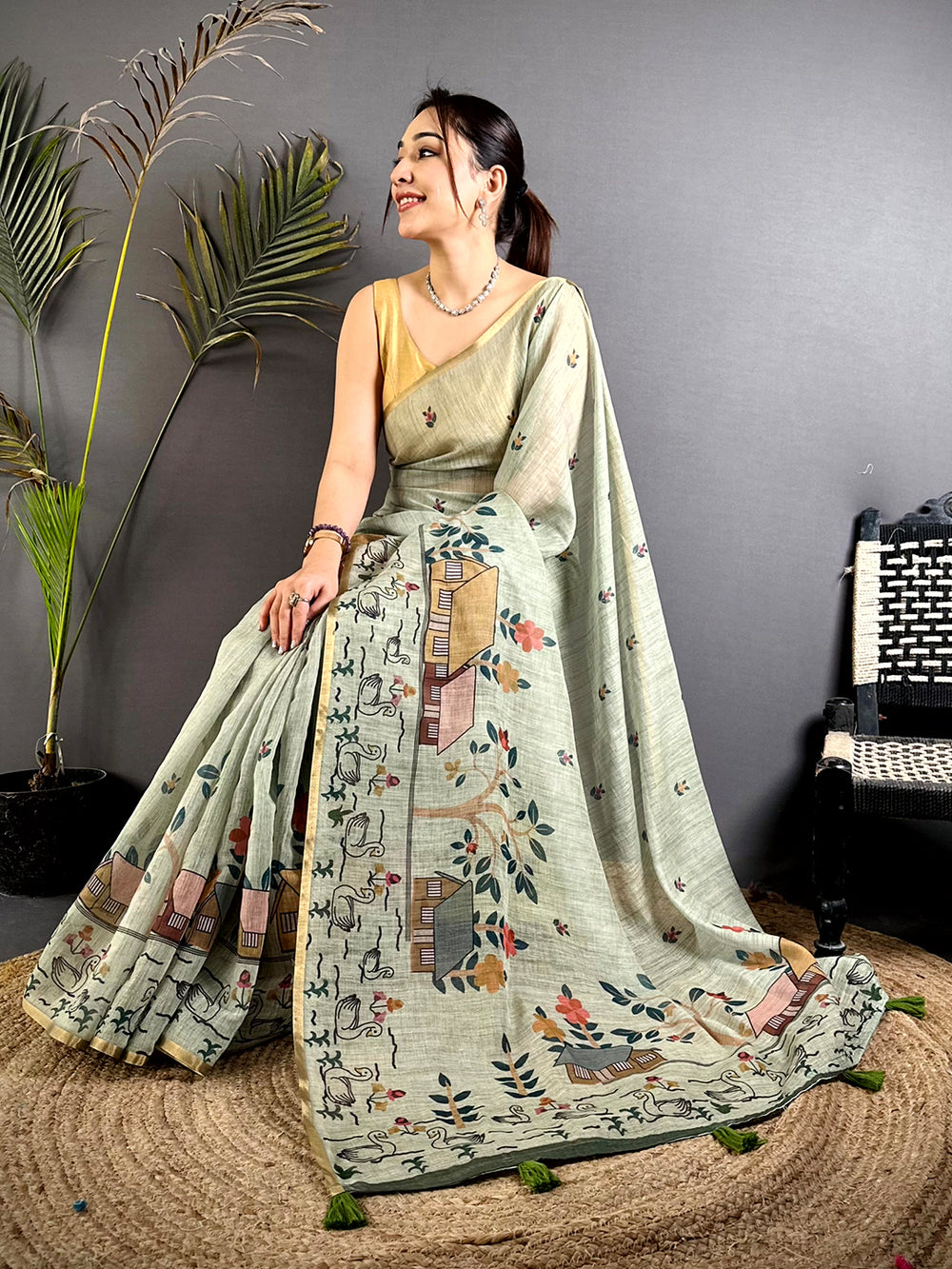 Pista Kalamkari Madhubani Print Saree