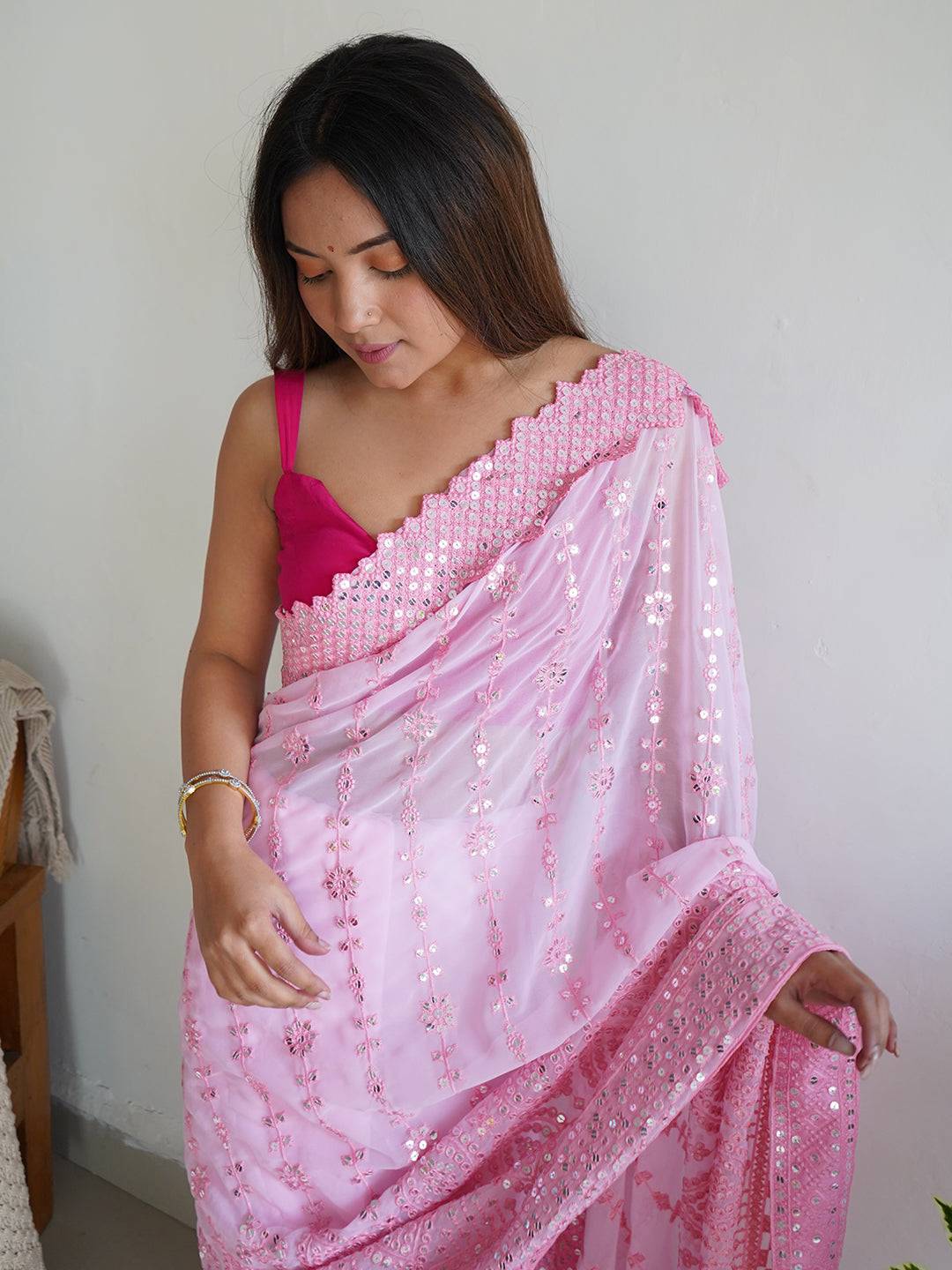 Pink Colour Georgette Saree with Sequence Threadwork