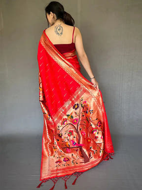 Back view of Royal Red Paithani saree showcasing zari design.