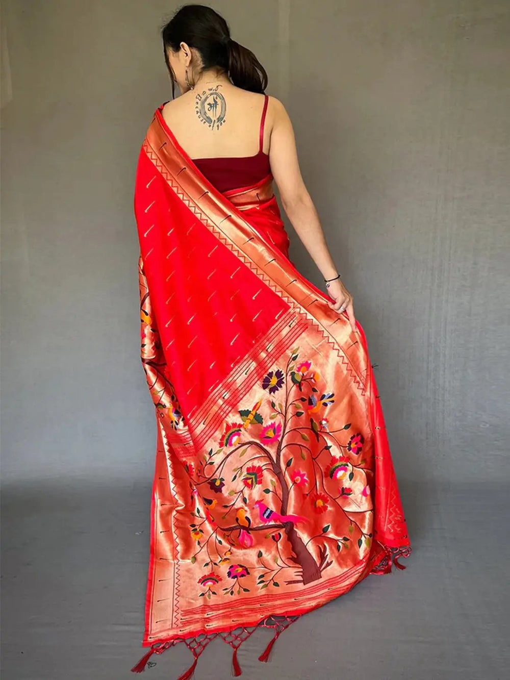 Back view of Royal Red Paithani saree showcasing zari design.
